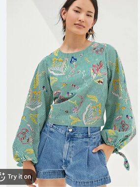 Anthropologie Striped Green Floral-Embroidered Balloon Sleeve Top